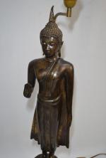 CHINE - TIBET
Deux divinités en bronze, montés en lampe
H. totale:...