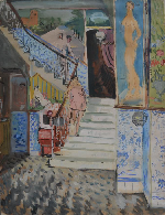 Jean LAUNOIS (1898-1942)<br />
Alger, femme précédant un homme descendant l'escalier dans une maison close, circa 1930.<br />
Gouache signée en bas vers la droite<br />
63.5 x 48 cm<br />
Exposition : Les Sables d'Olonne, Musée de l'Abbaye Sainte Croix, 2004<br />
Estimation : 2.