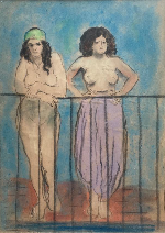 Jean LAUNOIS (1898-1942)<br />
Deux algériennes au balcon, circa 1921.<br />
Pastel signé en bas à gauche<br />
38 x 27.5 cm à vue<br />
Expositions:<br />
- Les Sables d'Olonne, Musée de l'Abbaye Sainte Croix, 1976<br />
- Paris, Musée d'Art Moderne de la ville de Paris, 1977<br />
- Les
