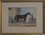 ECOLE FRANCAISE début du XXème
Cavalier tenant son cheval
Aquarelle
18 x 27...