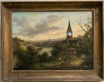 TABLEAU HORLOGE 
Huile sur toile représentant un paysage
XIXème
53 x 72...