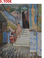 Jean LAUNOIS (1898-1942)<br />
Alger, terrasse de la villa Abd-el-Tif, circa 1928.<br />
Gouache et aquarelle sur papier signée en bas à droite<br />
63 x 48 cm (petites usures en bordure)<br />
Bibliographie:<br />
- Christophe Vital, Le groupe de Saint Jean de Monts, 2005, repr