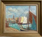Émile Alfred DEZAUNAY (1854-1938)
Les Sables d'Olonne, voiliers dans le port
Huile...