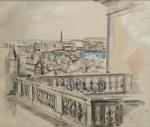 ECOLE ALLEMANDE du XXème
Terrasse sur la ville, 1931. 
Aquarelle signée...