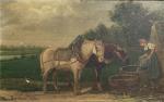 ETIENNEY (XIX-XXème)
Les chevaux venant s'abreuver, 1914. 
Huile sur carton signée...