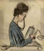 Jean FRESSINET (1889-1972)
Portrait de dame à la verseuse
Dessin aquarellé, cachet...