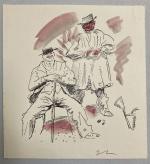 Jean LAUNOIS (1898-1942)
Deux hommes devant l'arrosoir
Estampe rehaussée monogrammée
16 x 15...