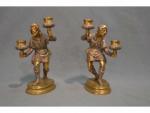 Paire de BOUGEOIRS en bronze à décor de personnages tenant
