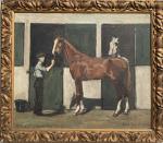 Michel JACQUET (XIX-XXème)
RIP-RIP cheval à l'écurie, 1912. 
Huile sur toile...