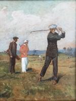 ECOLE début XXème
Les joueurs de golf, 1913. 
Huile sur panneau...