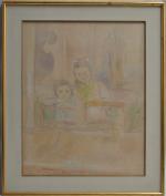 Jean LAUNOIS (1898-1942)
Monaco, mère et sa fille, 1941. 
Dessin rehaussé...