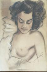 ECOLE FRANCAISE début XXème
Portrait de dame au sein nu, 1938....