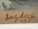 DAGOBERT (XXème)
Battages à Clisson, 1949. 
Huile sur panneau signée et...