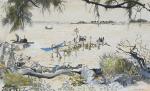 Dany LARTIGUE (1921-2017)
Viet Nam, paysage au ponton
Gouache et aquarelle signée...