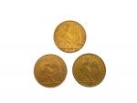 Trois pièces or, 20 francs Coq
Lot conservé en banque, vendu...