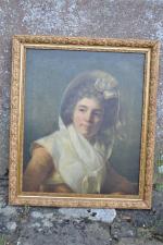 ECOLE ANGLAISE fin du XVIIIème siècle
Portrait de dame au chapeau
Toile,...