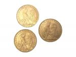 3 pièces or, 20 francs, 1905, 1906, 1914, coq
Lot conservé...
