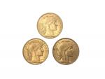 3 pièces or, 20 francs, 1905, 1906, 1914, coq
Lot conservé...