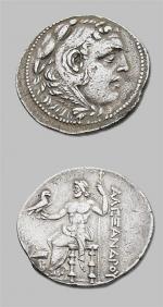 MACÉDOINE : Alexandre III (336-323 av. J.-C.)
Tétradrachme. 16,55 g.
Pella.Tête d'Héraclès à...