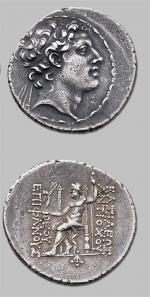 Antiochus IV, Épiphane (175-164 av. J.-C.)
Tétradrachme. 16.69 g.
Tête diadémée du...