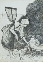 Ch. COQUELIN (début XXème)
Pêcheuse à l'épuisette réveillant son enfant, 1901....