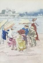 ECOLE NORMANDE du XXème
Deauville, personnages sur la plage
Aquarelle située et...