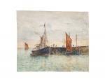 Édouard PORQUIER (1848-?)
Barques près des côtes, 
Bateaux rentrant au port
Aquarelle...
