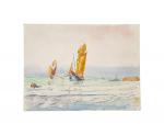 Édouard PORQUIER (1848-?)
Marée basse, 
Voiliers près des côtes
Aquarelle double face
24...