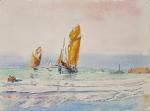 Édouard PORQUIER (1848-?)
Marée basse, 
Voiliers près des côtes
Aquarelle double face
24...