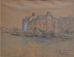 Pierre CHAPUIS (1863-1942)
Le Croisic, bateaux au port, 1940. 
Dessin aquarellé...