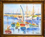 René Camille DELHUMEAU (1889-1973)
L'ile d'Yeu, bateaux au port 
Huile sur...