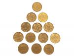 Lot de 13 pièces de 20 francs belges Léopold II...