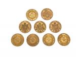9 pièces de 20 francs or, 1848, 1853, 1858, 1859,...