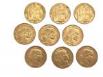 9 pièces de 20 francs or, 1877, 1895, 1896, 1901,...