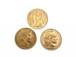3 pièces de 20 francs or, une au coq 1913,...