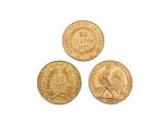 3 pièces de 20 francs or, une au coq 1913,...
