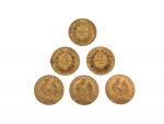 6 pièces de 10 francs or, 1858, 1863, 1868, 1905...