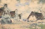 Ernest Pierre GUÉRIN (1887-1952) <br />
Village de pêcheurs Bretagne <br />
Aquarelle signée, située et titrée en bas à droite 25.5 x 34.5 cm à vue <br />
(petites piqûres) <br />
Estimé 2.500 / 3.000€