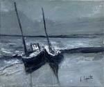 Georges LAPORTE (1926-2000) <br />
Deux barques sur la plage vers Quiberon <br />
Huile sur toile signée en bas à droite, <br />
contresignée et titrée au dos 46 x 55 cm <br />
Estimé 400 / 500€