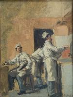 Denis Pierre BERGERET (1846-1910)
Les marmitons en cuisine
Huile sur toile signée...