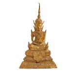 THAILANDE
Divinité assise en bronze doré
H.: 21 cm