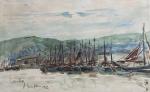 Fernand HERBO (1905-1995)
Honfleur, voiliers au port, 1936. 
Aquarelle signée, située...
