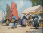Henri BURON (1880-1969)
Le marché aux poissons devant les bateaux, 1941....