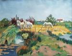 Yves BRAYER (1907-1990)
Camargue, chevaux dans l'enclos, 1968. 
Huile sur toile...