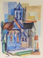 Jean CHEVOLLEAU (1924-1996)
L'église d'Auvers sur Oise, 1957. 
Aquarelle signée, située...