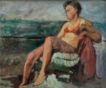 Suzanne DINKES (1895-1984)
Portrait de dame au maillot rouge, 1956. 
Portrait...