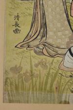 Estampe japonaise de KIYONAGA TORII (1752-1815). Le jardin d'iris. Vers...