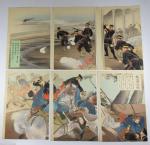Estampes japonaises : 2 triptyques scènes de la guerre sino-japonaise,...