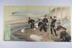 Estampes japonaises : 2 triptyques scènes de la guerre sino-japonaise,...