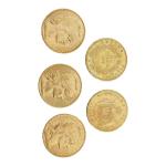 5 PIECES de 20 francs or (1855, 1866, 1908, 1912,...